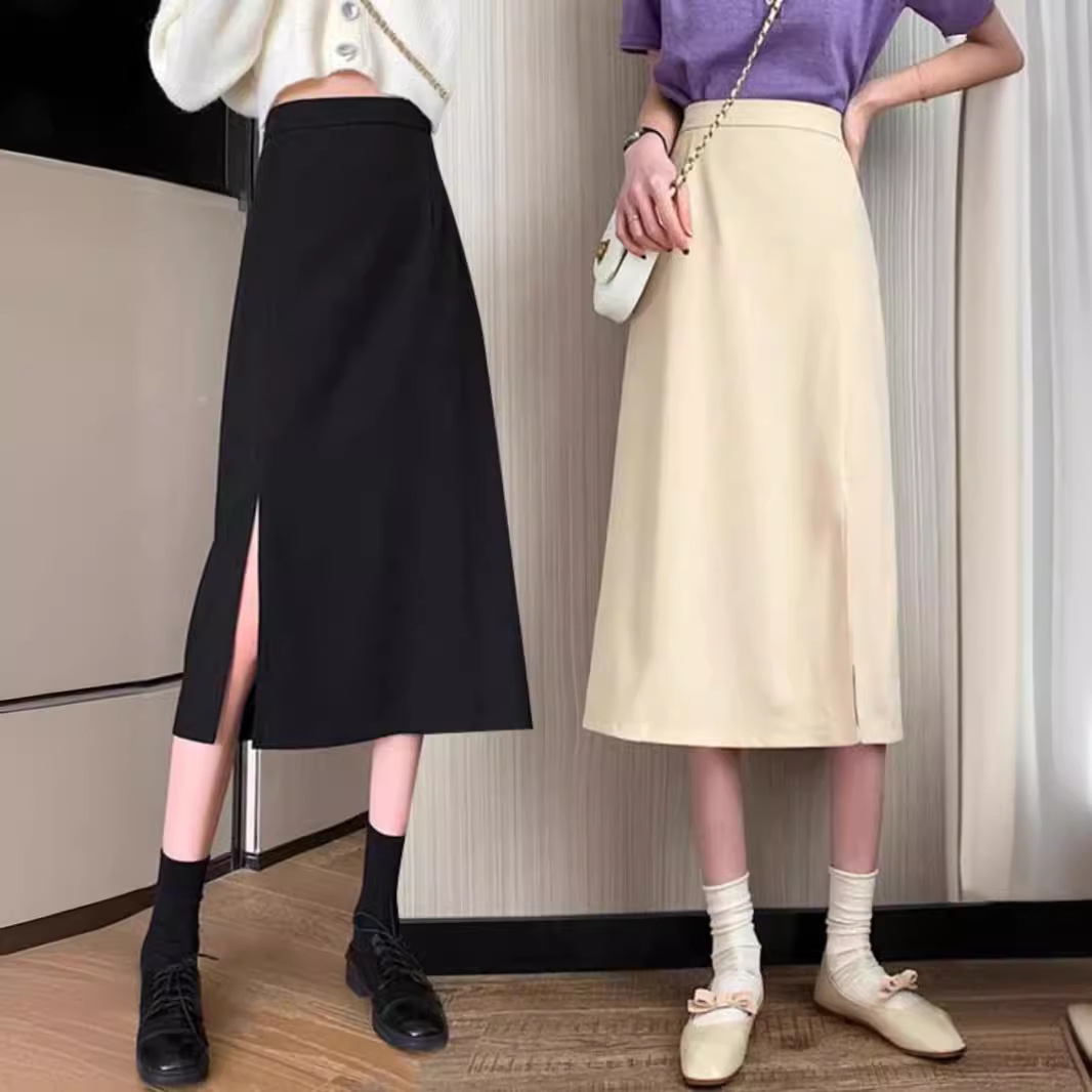 Split Mid-length Black Skirt Women's 2025 Summer New High Waist One-step Skirt Fashionable Elegant A- line Skirt