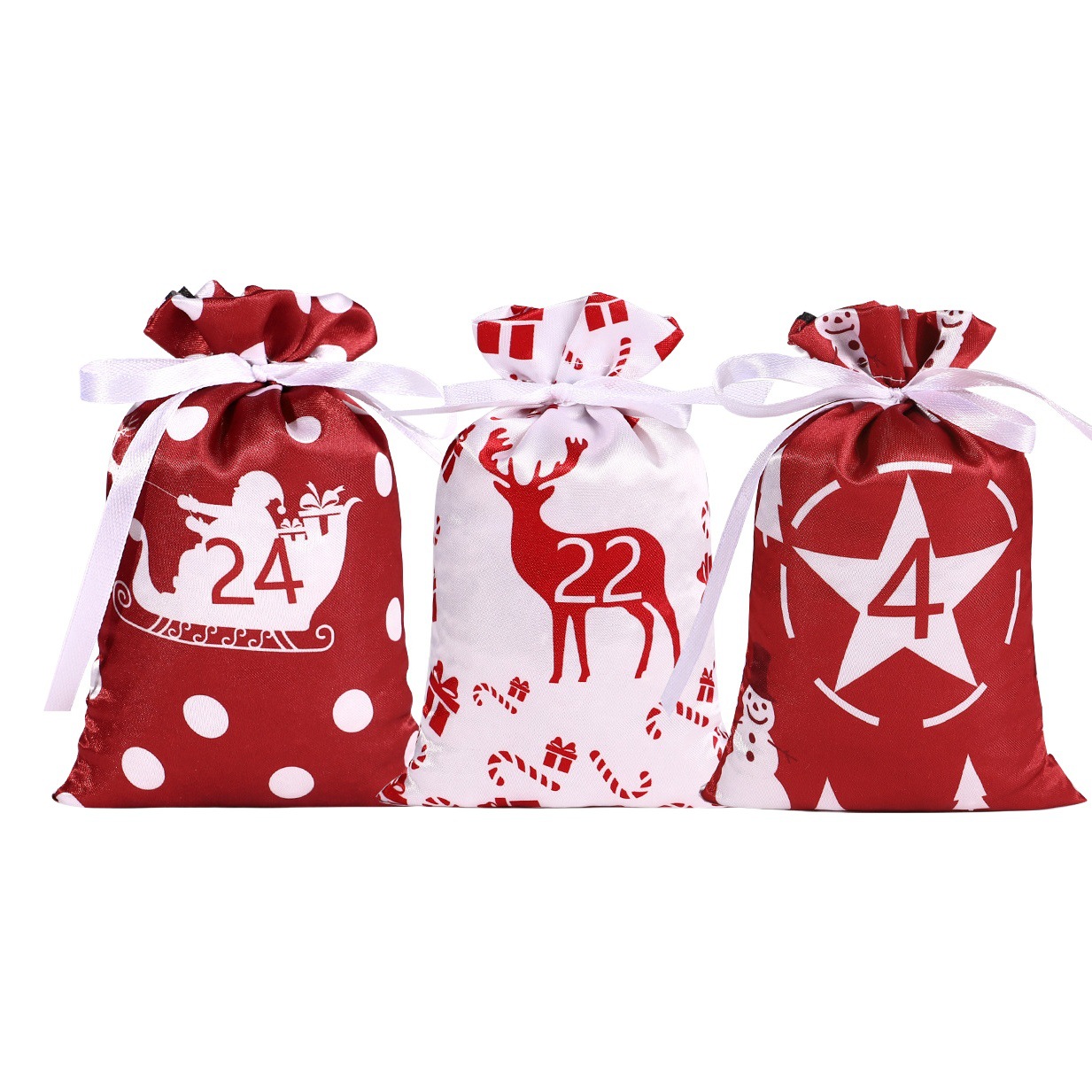 Christmas gift bag set wholesale satin bunched drawstring bag Christmas decoration countdown advent calendar hanging bag