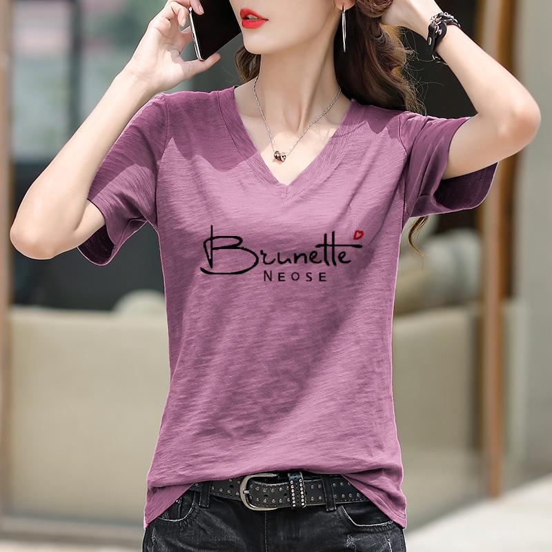 Slub Cotton V-neck Women's Short-sleeved T-shirt 2025 Summer New Half-sleeved Base Shirt Korean Loose Printed Top