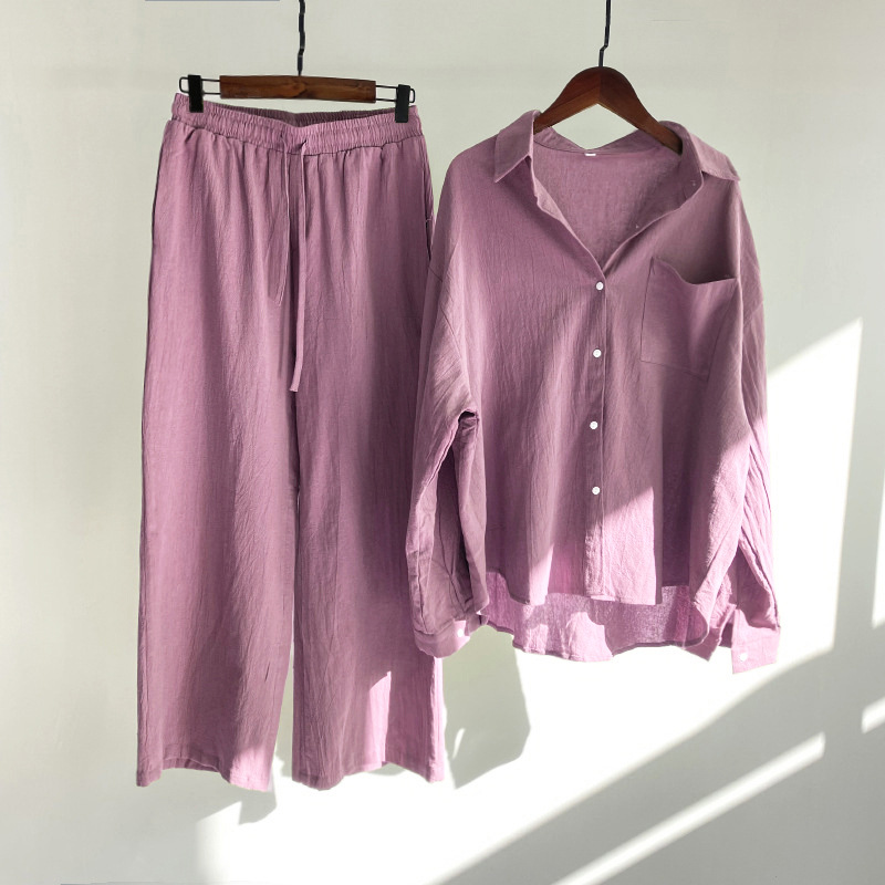 Picture of Cross-border Amazon Women's 2-piece Vintage Plus Size 2022 Cotton and Linen Shirt Set High Waist Loose Trousers