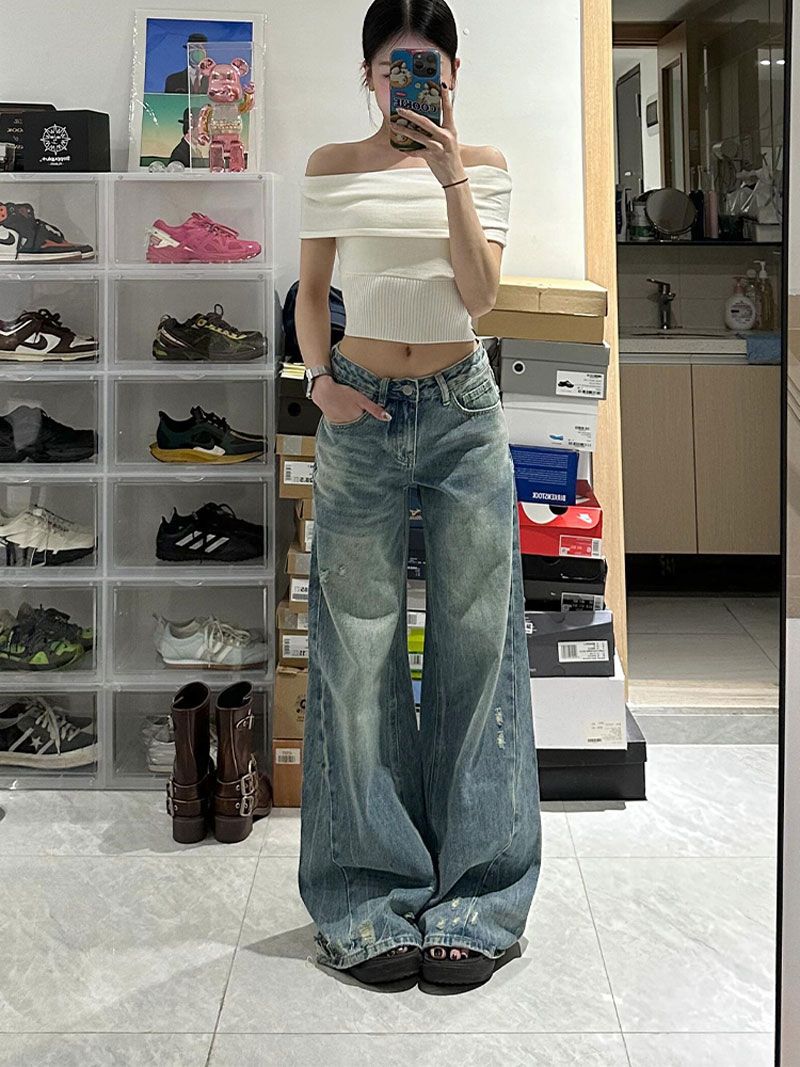 Women's Plus-Size Blue Distressed Flared Denim Pants, Straight-Leg, Loose Fit for Curvy Figures, Pear-Shaped, Body-Concealing, Wide-Leg, Floor-Length Pants