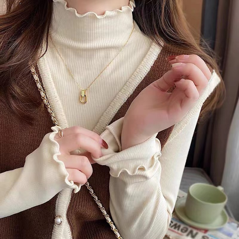 Half-high Collar Fleece-lined Base Shirt Women's Autumn and Winter Inner Wooden Knitted Long-sleeved Spring and Autumn Thickened Mid-neck Top Sweater