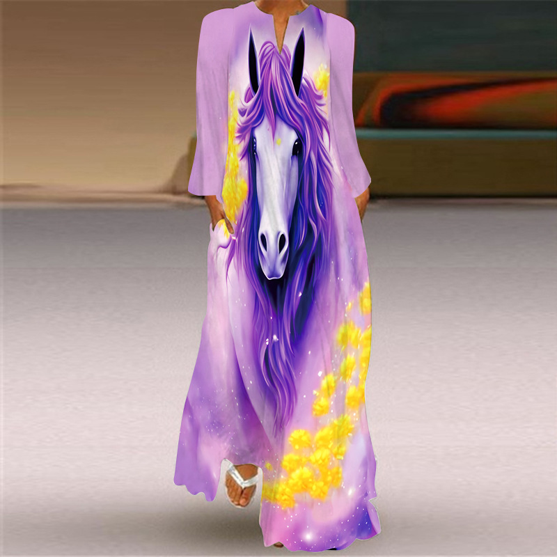 2024 European and American Amazon Spring and Summer New Women's Long Dress V-Neck Long Sleeve Pocket Printed Loose dress
