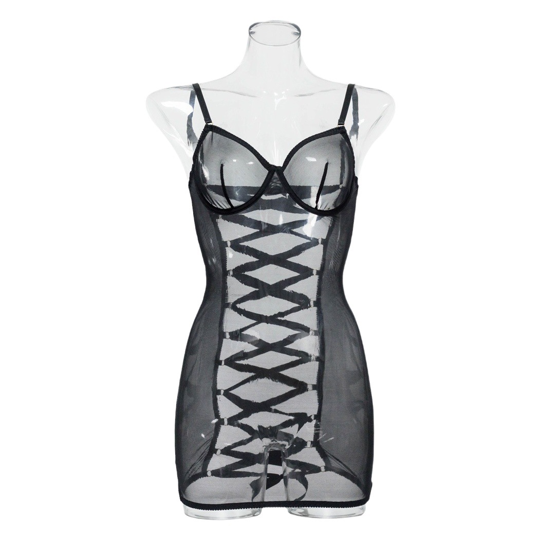 Picture of European and American Steel Ring Mesh Sling Perspective Sexy Cross Lace-Up Backless Sexy Body Shaping Jumpsuit 1517