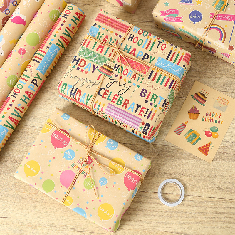 Happy Birthday Cartoon Gift Wrapping Paper Children Colorful Balloon Candle Unicorn Big Size Thick Kraft Paper