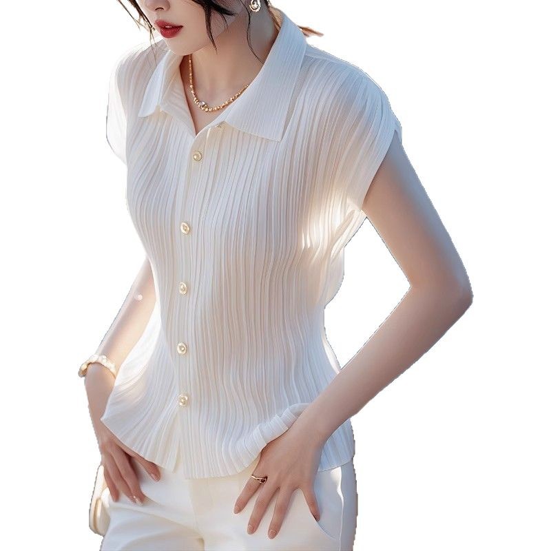 Picture of 2025 New Arrival White Short-Sleeved Shirt Women's Summer Thin Korean Style Chic Chic Pretty Shirt Pleated Top