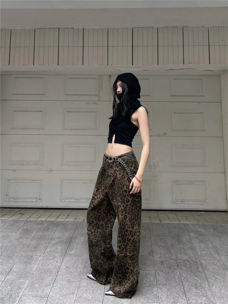American Retro Design Leopard Print Wide Leg Jeans for Women in Autum Loose and Slim 2025 Spring and Autum New Pants