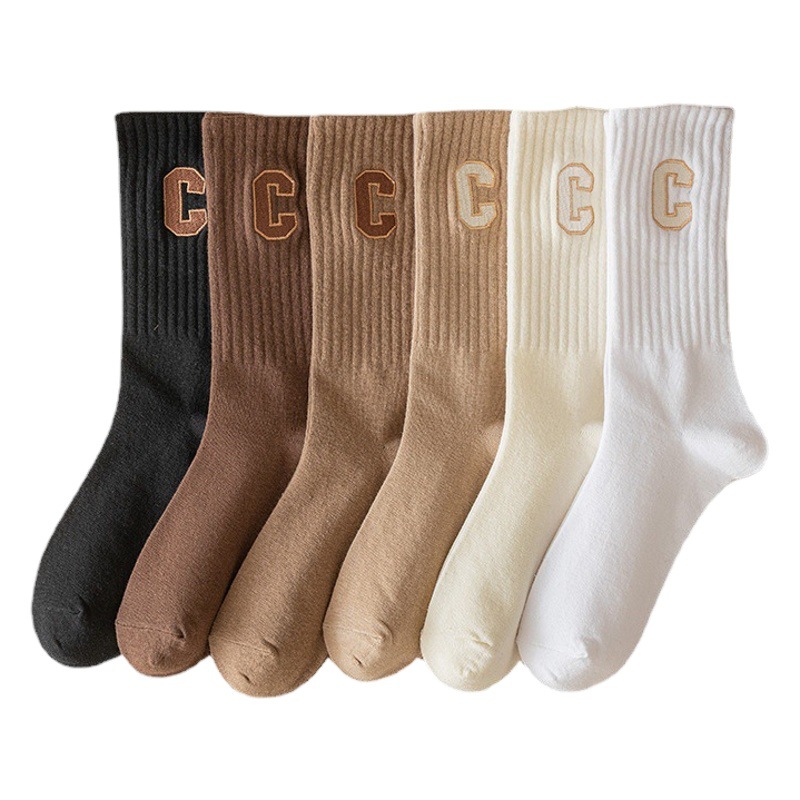 Socks Women's Spring and Autumn Cotton Mid-length Socks Autumn Stocking ins Trendy Long Barrel Letter C Outer Wear Shark Pants Trendy Stocking