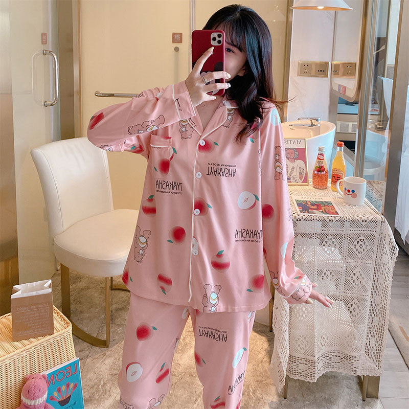 Japanese Style Women's Pajamas Spring and Autum Peach Bear Confinement Clothes Cardigan Long-Sleeved Pants Casual Thin Home Clothes Set