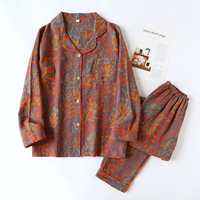 Picture of New Retro Yarn-dyed Leaf Lapel Long-sleeved Trousers Cardigan Women's Home Clothes Two-piece Cotton Pajamas