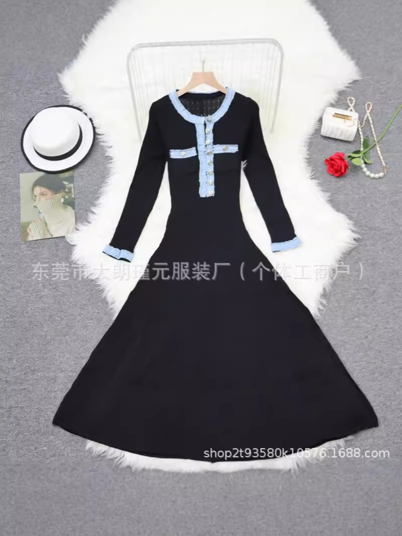 Foreign Trade 2025 Autumn and Winter New French Style Spliced Knitted Dress Elegant Socialite Classy Long-Sleeved Women's Clothing with Large Hem