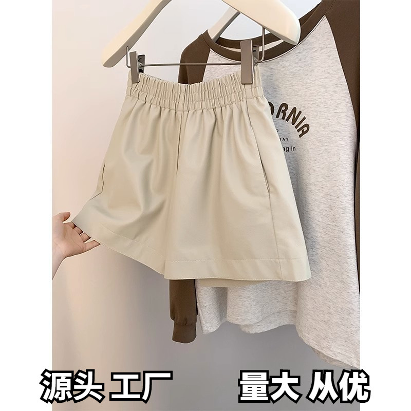 Autumn and winter boot pants elastic wide leg shorts women's 2023 outer wearing leather high waist a-line pu leather black new hot pants