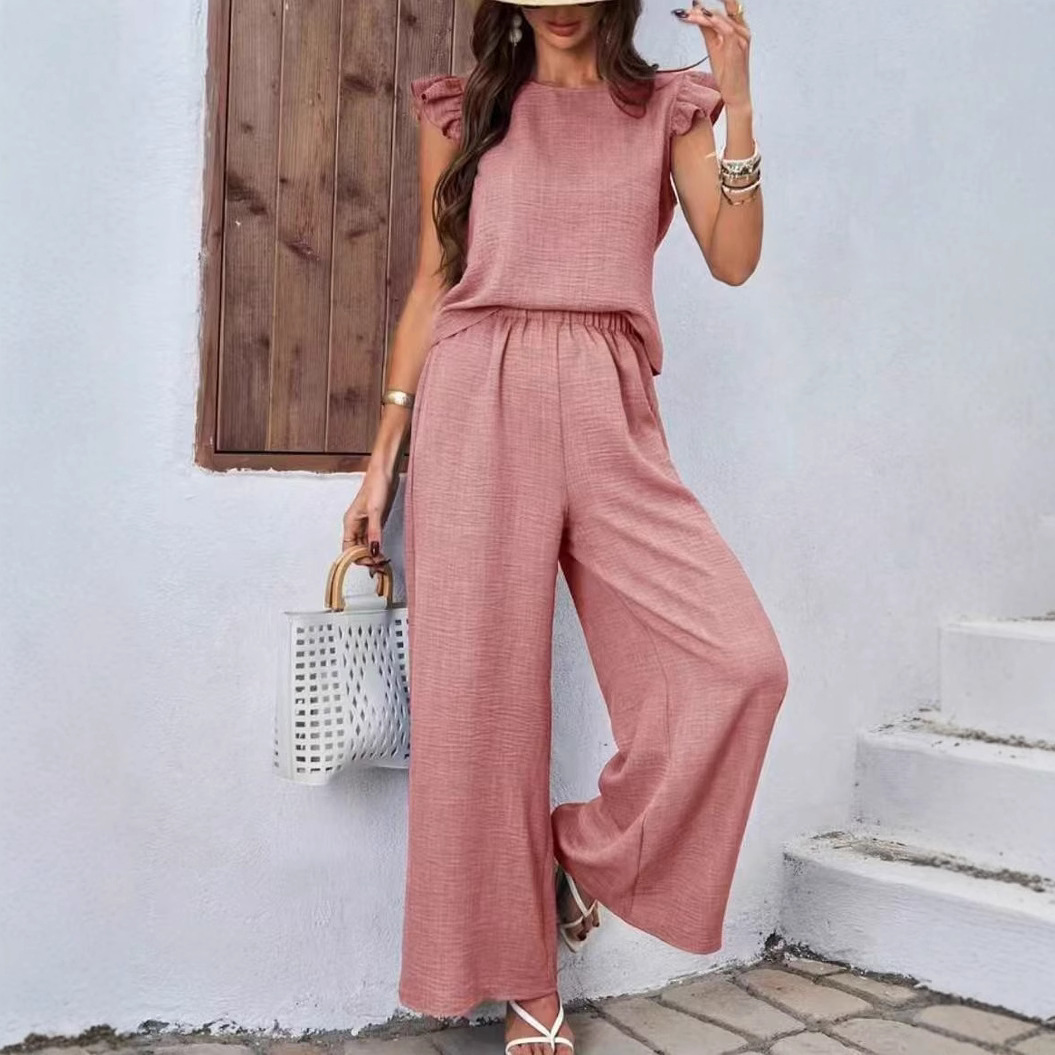 2025 New Summer Cross-Border Independent Station Pure Color Elegant Two-Piece Round Neck Vest and Wide-Leg Pants Suit Women's Clothing