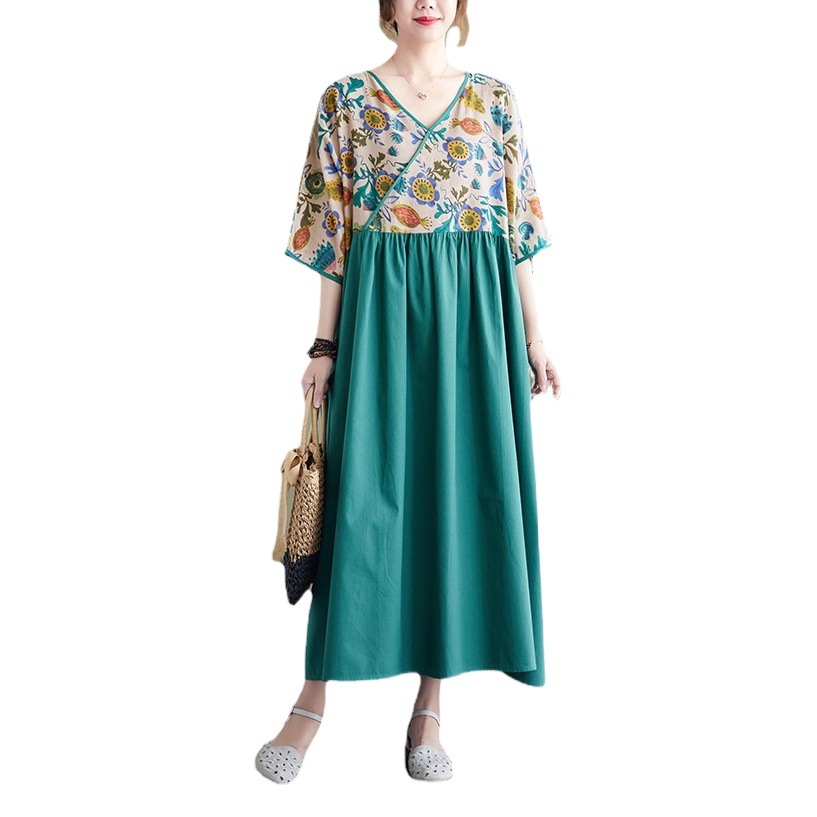Large Swing Dress 2022 New Fat Girl Short-sleeved Stitching Floral Dress Large Size Women's Artistic Summer V-neck Dress