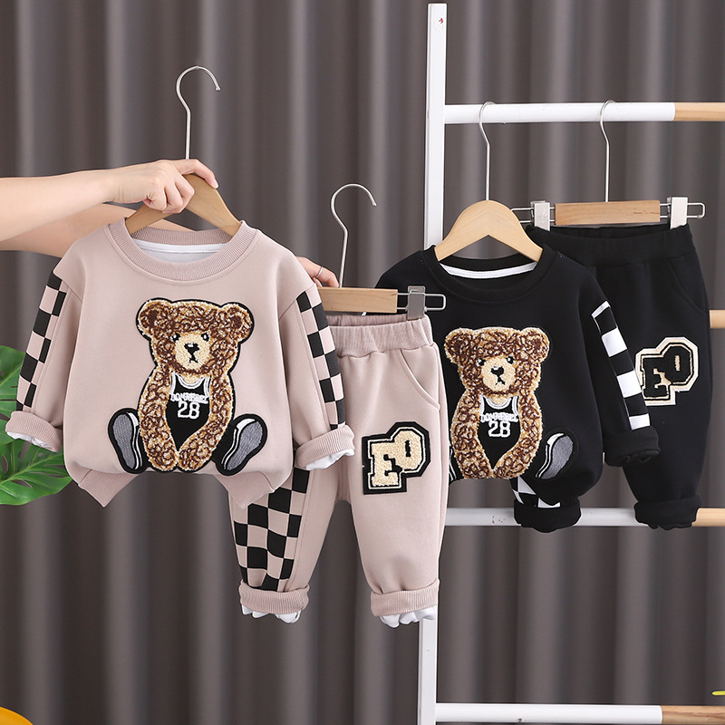 Baby Clothes Children's New Autumn Clothes Plaid Bear Sweatshirt Long Sleeve Two-piece suit Men's Baby Sleeve Spring and Autumn suit