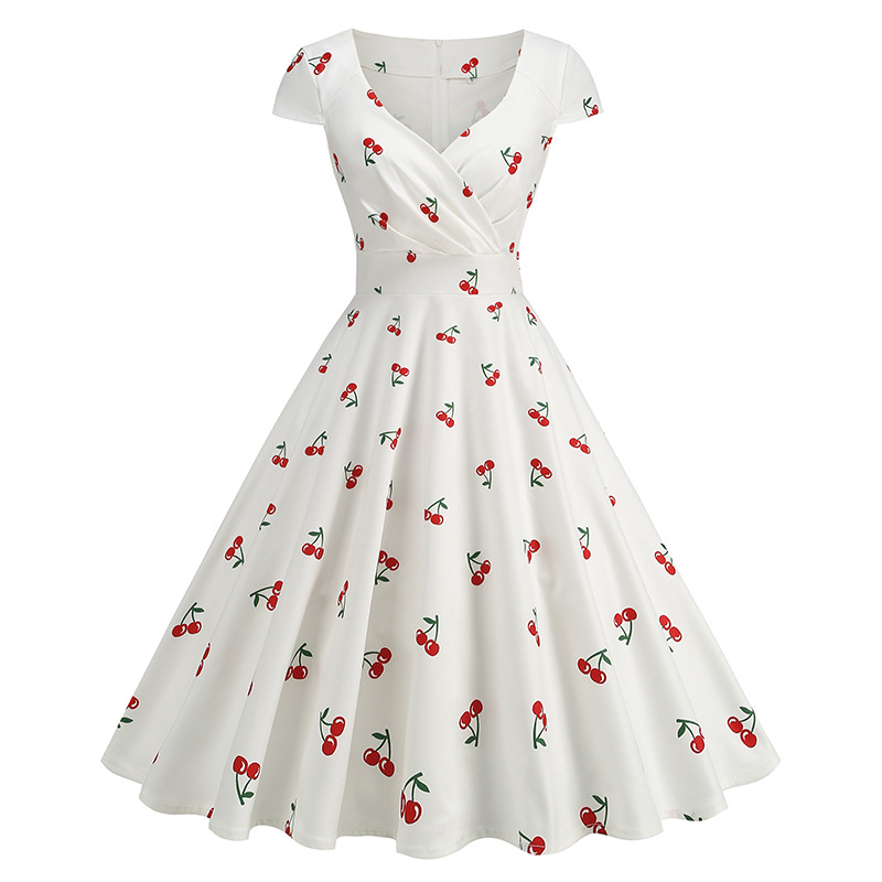 2025 Spring and Summer New Cross-Border Amazon Hepburn Style Chest-Wrapped Short-Sleeved Printed Large Hem Dress Midi Skirt