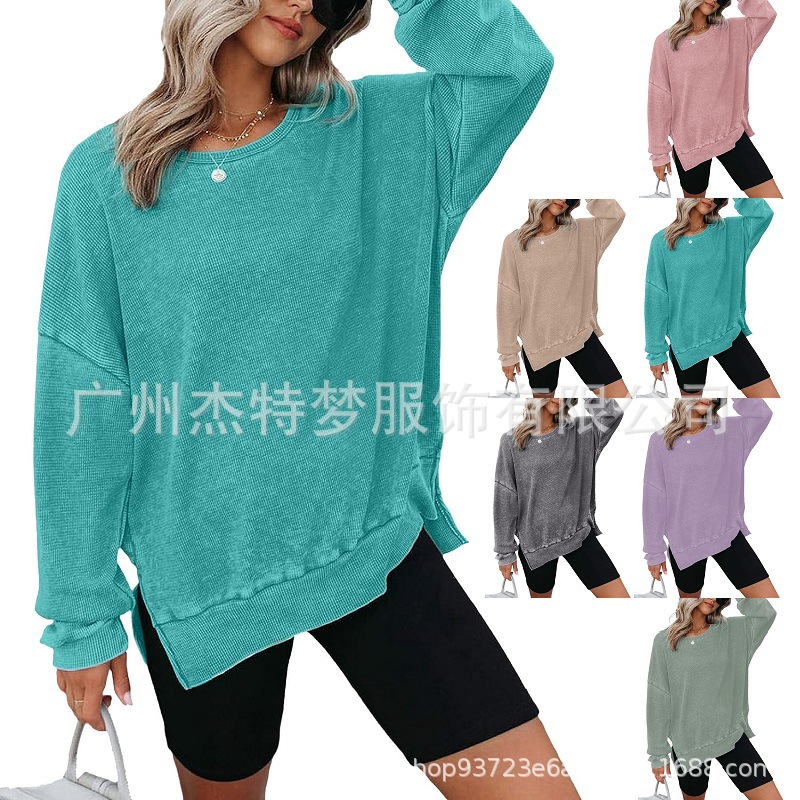 2025 European and American Cross-Border Women's Clothing Amazon Autum New Round Neck Long-Sleeved Side Slit Waffle Sweatshirt T-Shirt for Women
