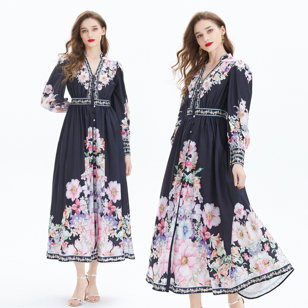 Original Design -2024 Ethnic Floral Print Seaside Vacation Lantern Sleeve V-Neck Waist Linen Dress