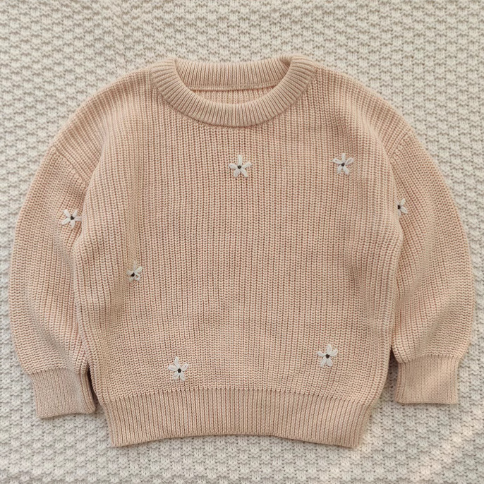 Picture of Ready-Made Hand-Embroidered Flower Cross-Border Pure Cotton Baby Knitwear Category a Autumn and Winter Bottoming Long-Sleeved Baby Girl Pullover Knitwear