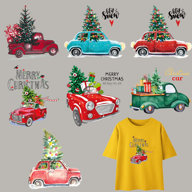 Foreign trade supply large Christmas tree car heat transfer painting in stock adult children's clothing bag logo heat transfer painting washable