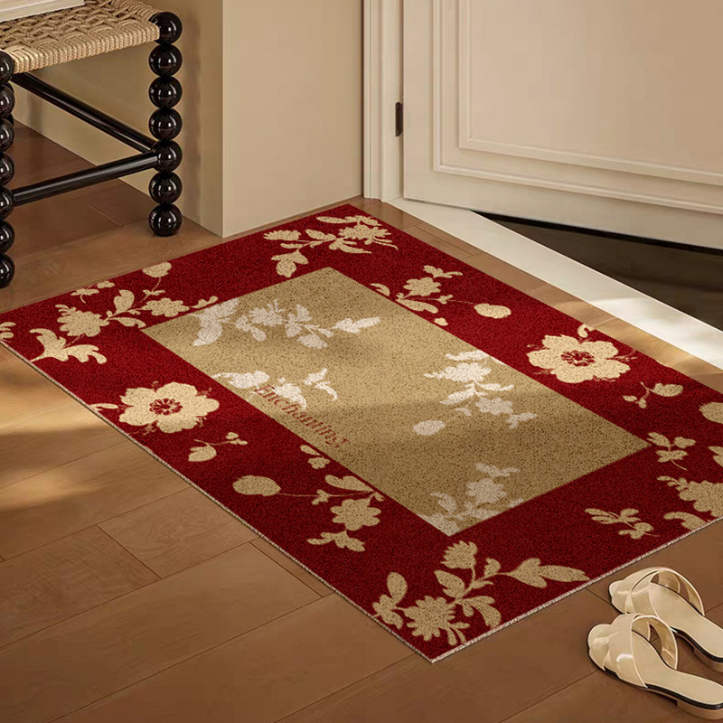 Door Dust Removal and Soil Rubbing Non-slip Foot Mat Entrance Mat Flower Red New Year Atmosphere Silk Ring Floor Mat Door Mat