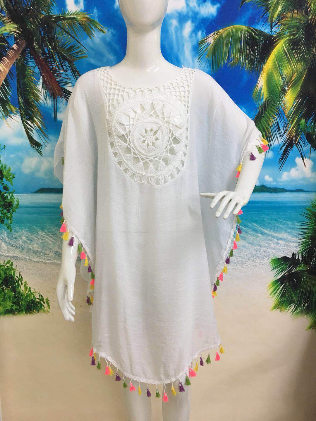 Picture of Loose bikini tassel blouse beach coat women's hollow pullover hot spring blouse seaside sun protection swimsuit outer wear