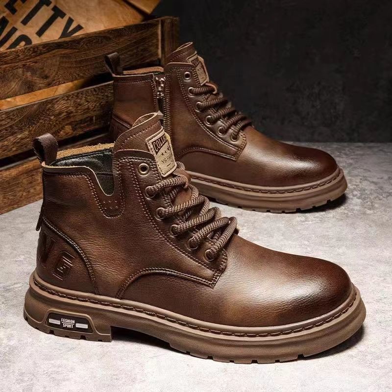 Outdoor Martin Boots Men's Autumn and Winter New Fashionable Leather Shoes British Style Retro Fit Short Boots High-top Lace-up Shoes for Men