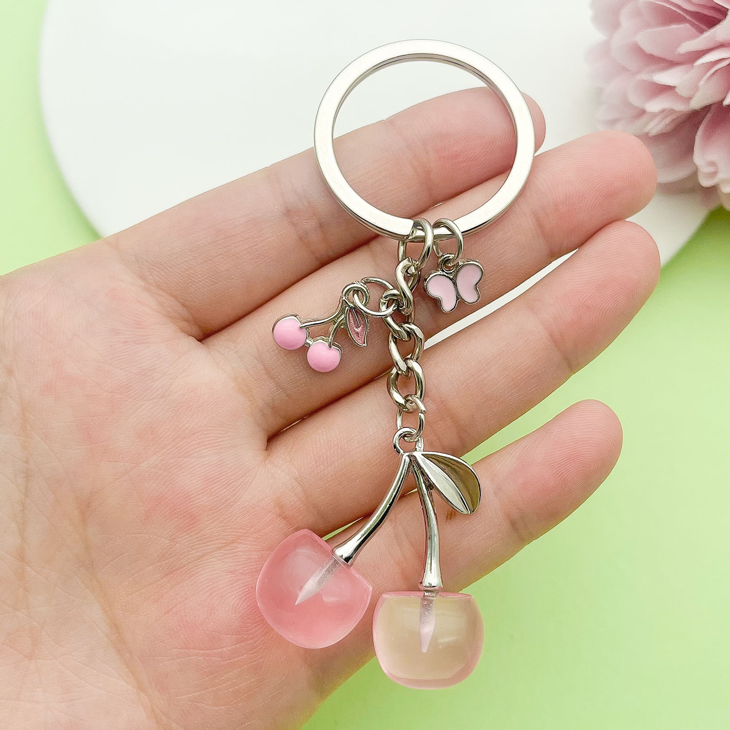 Resin Pink Cherry Keychain Pendant Small Fresh Red Transparent Pendant Accessories Headset Bag Decorative Accessories