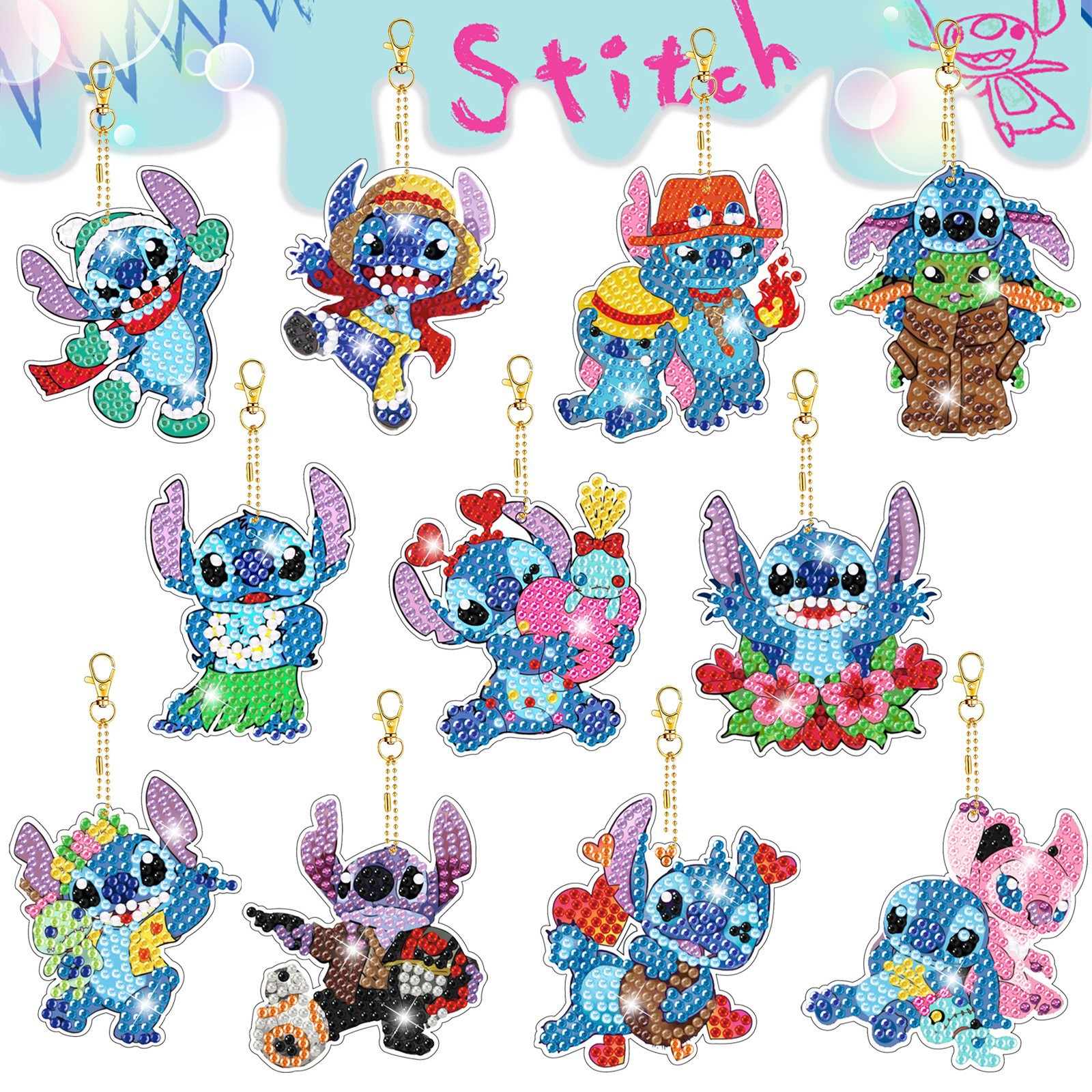 New DIY Diamond Painting Keychain Cartoon Stitch Double-Sided Dot Diamond Bag Decoration Transparent Pendant Wholesale