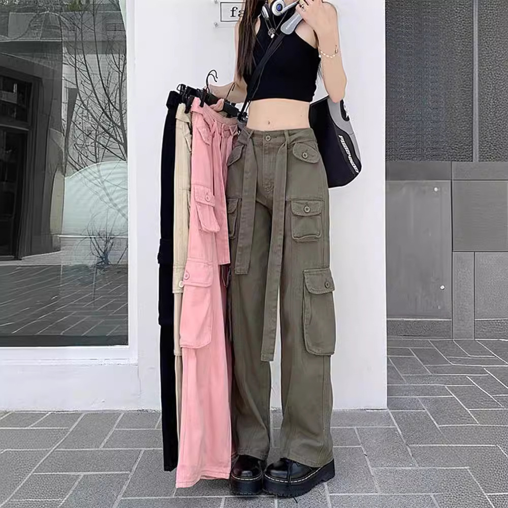 2024 New Arrival American Style Retro Multi-Pocket Old Overalls Trendy Women's Cool Street Loose Slimming Straight Pants