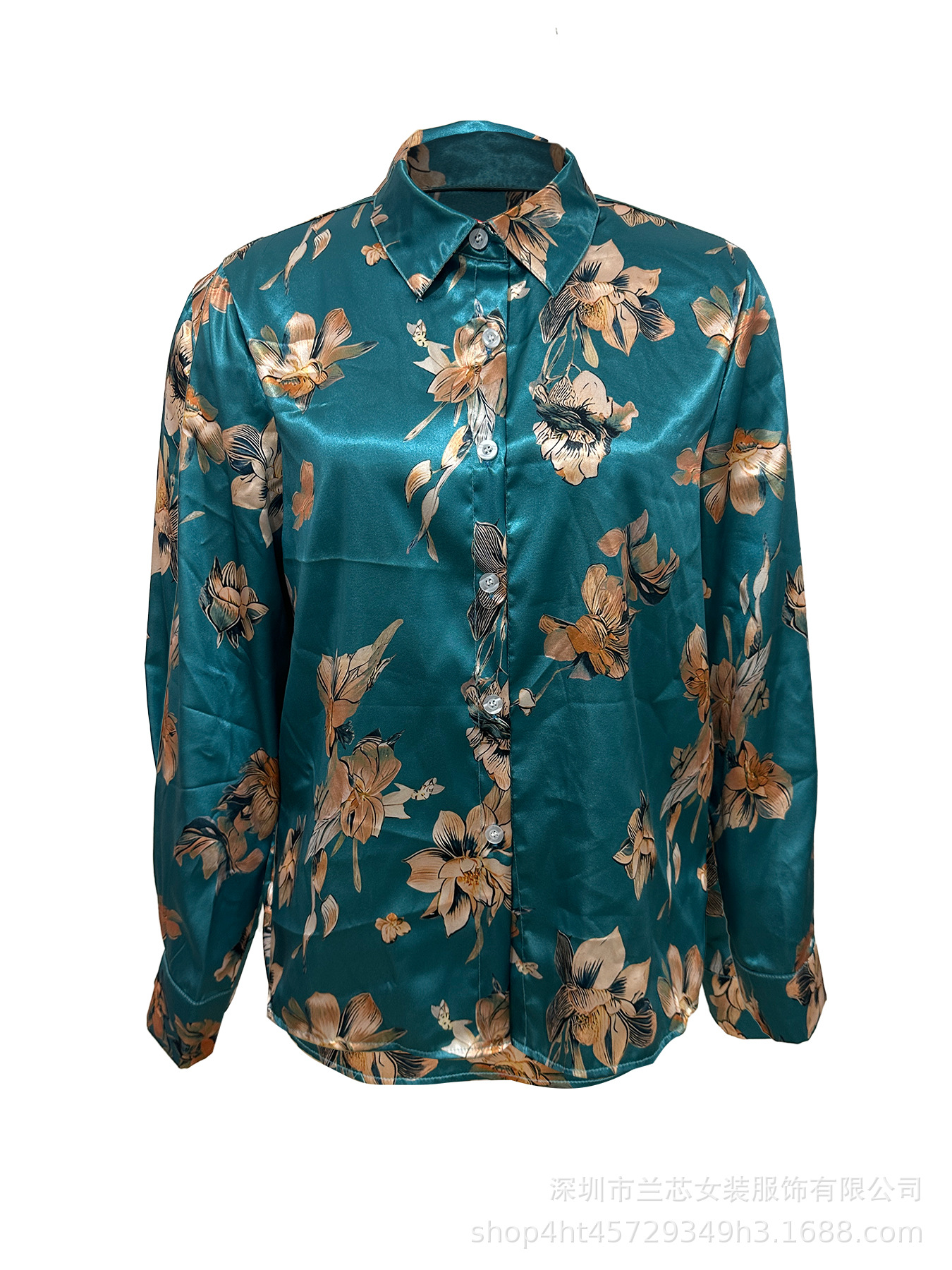 Picture of [Standard Code] Golden Lotus Print Shirt Spring and Summer Lapel Style Satin Slim Long Sleeve Professional Shirt