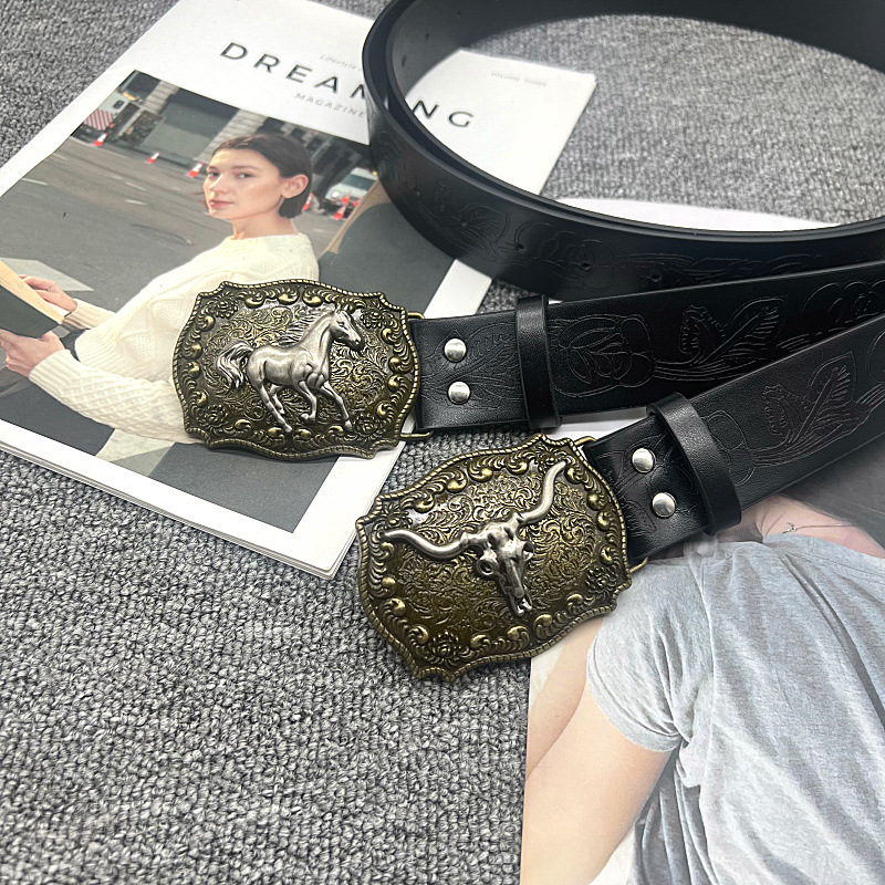 European and American Hot Sale Western Denim Belt Carved Large Slab Trendy Vintage Retro Men's Punk Leather Belt