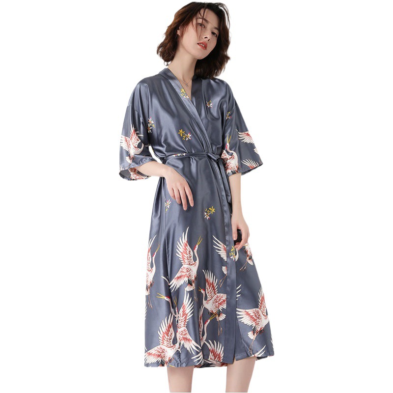 1 New Crane Nightgown Spring and Summer Sexy Bride Morning Gown Imitation Ice Silk Pajamas Wedding Gown Bathrobe Warm Set Cross-Border