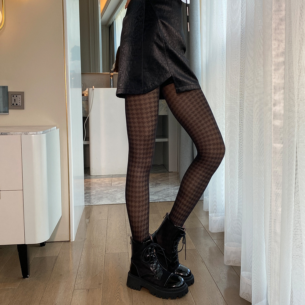 Picture of Obvious same style Houndstooth Jacquard Anti-stripping Core-spun Silk Thin Flesh-through Bud-lifting Pantyhose Pantyhose Women's Socks