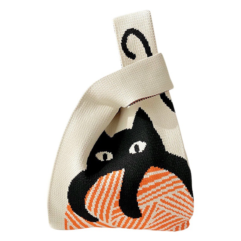 Cat Knitted Shoulder Bag, Versatile Large-Capacity Tote Bag, Gift Bag, Wholesale from Manufacturer, Fresh and Sweet