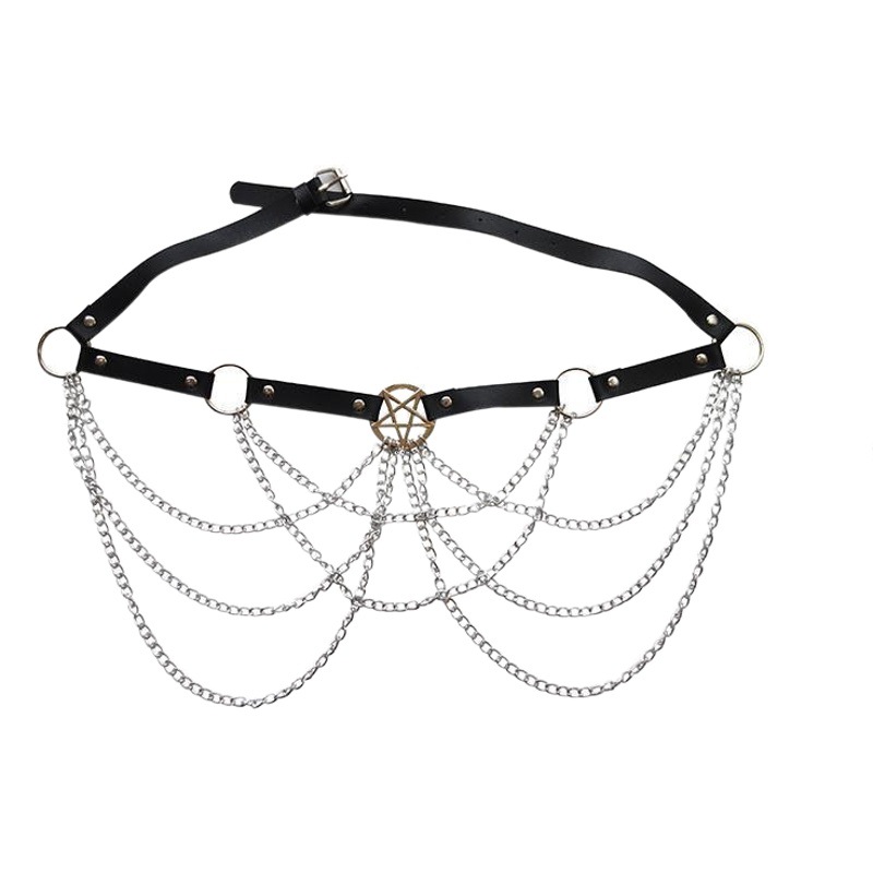 New European and American cross-border personalized leather women's punk waist chain exaggerated multi-layer cross hollow jewelry body chain