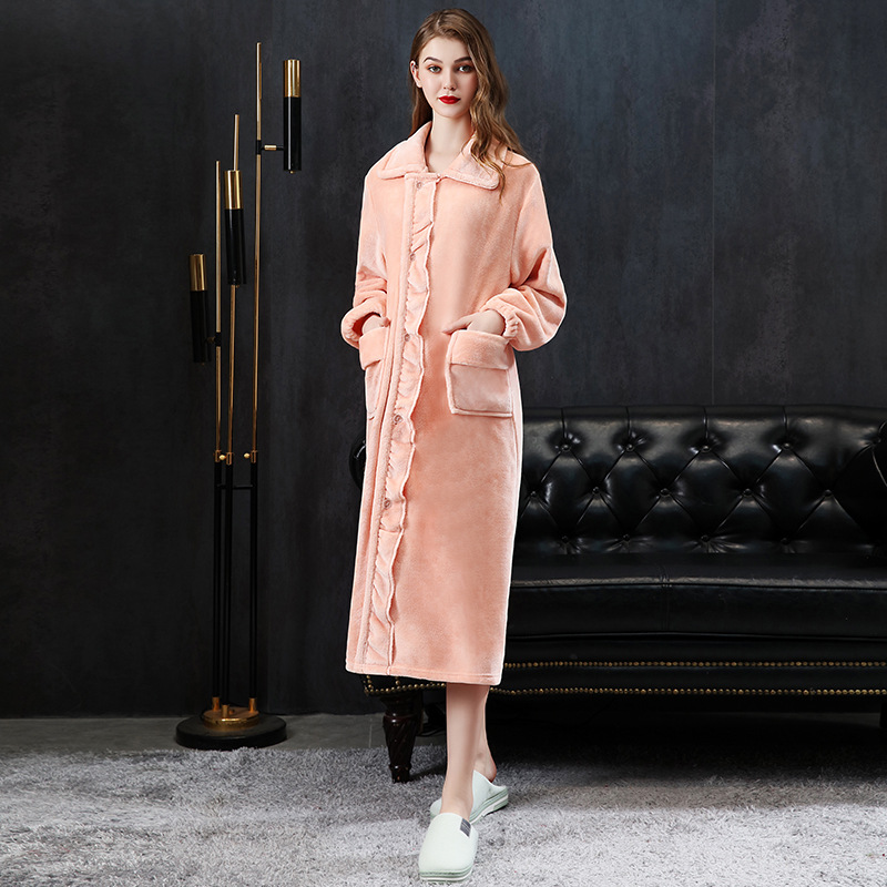 Picture of Women's nightgown fleece-lined thickened long-sleeved sweet small lapel nightdress autumn and winter flannel pajamas home wear