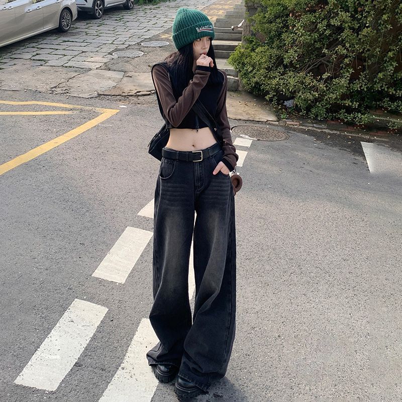 American High Street Wide-Leg Jeans for Women 2025 Spring & Fall New High-Waisted Loose Slimming Look Straight-Leg Draped Floor-Length Pants