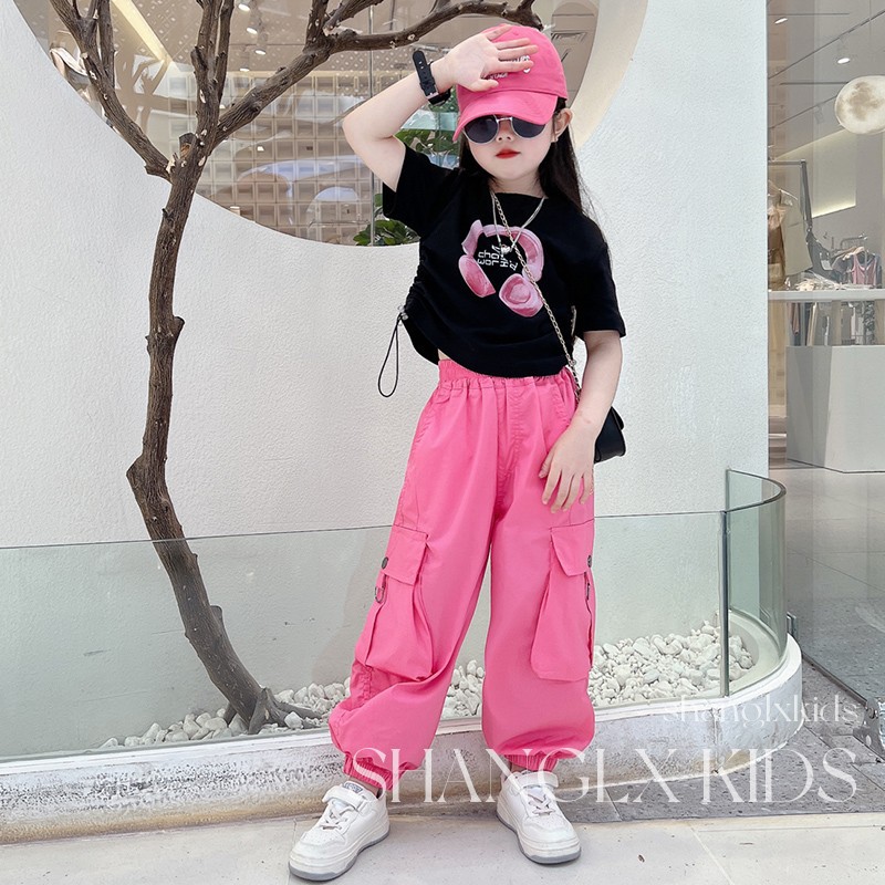 Girls' Summer suit 2024 Children's New Headphones Short-sleeved Crewneck T-shirt Casual Crane Pants Two-piece Set