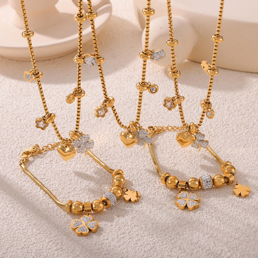 Picture of Korean Style Ins Style Fashion Transfer Beads Bracelet Necklace Internet Celebrity Design Simple Four-leaf Flower Diamond suit Niche Female