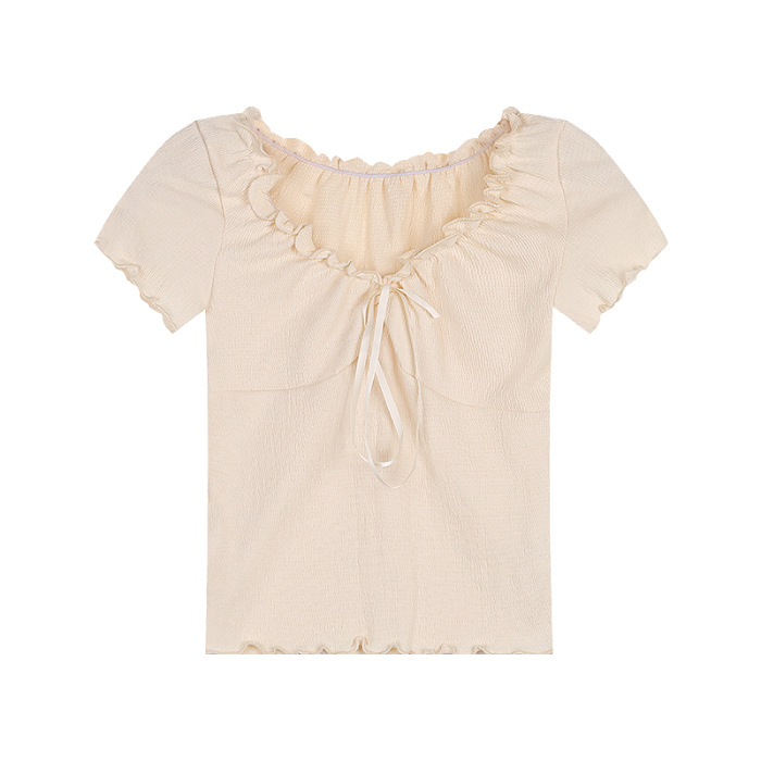 Picture of Muffled Short-sleeved T-shirt Women's 2024 New Summer Sweet and Spicy Bow Design Sense Slim-fit Short Strap Top