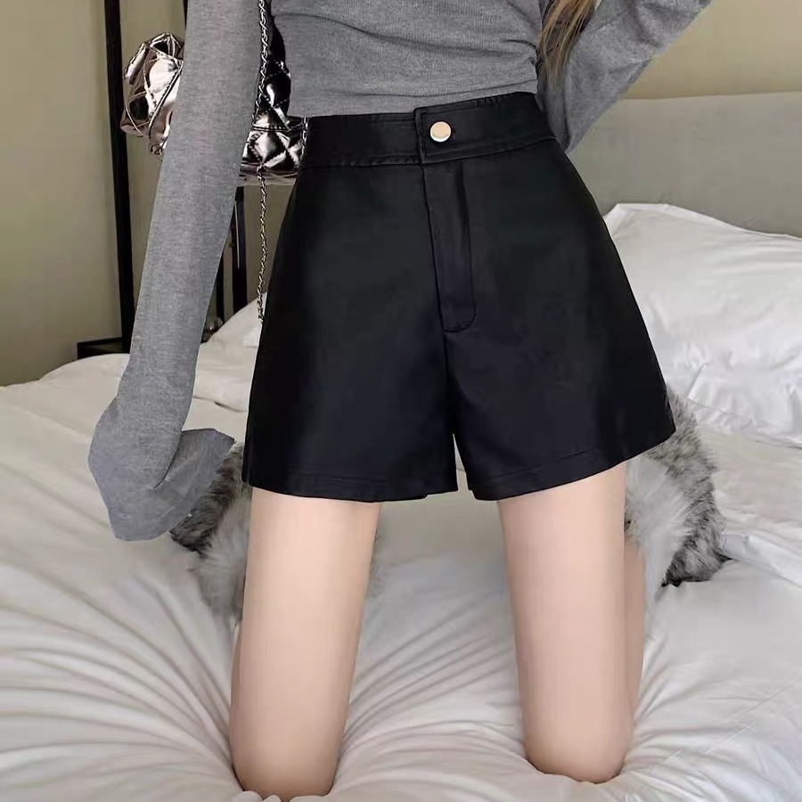 up leather shorts 2023 new autumn casual pants high waist slimming loose all-match straight wide leg a-Line pants outer wear