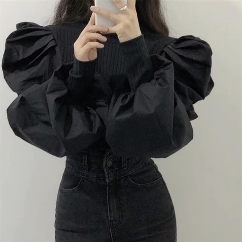 South Korea ins early autumn Palace style round neck thread stitching design sense closed puff sleeve slim shirt top for women
