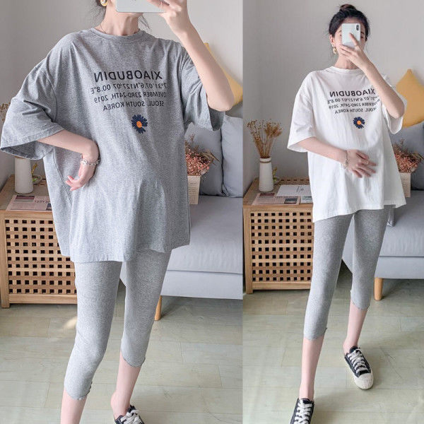 Pregnant women's T-shirt suit Korean fashion new 2021 cotton loose mid-length short sleeve t-shirt women's top fashion mom
