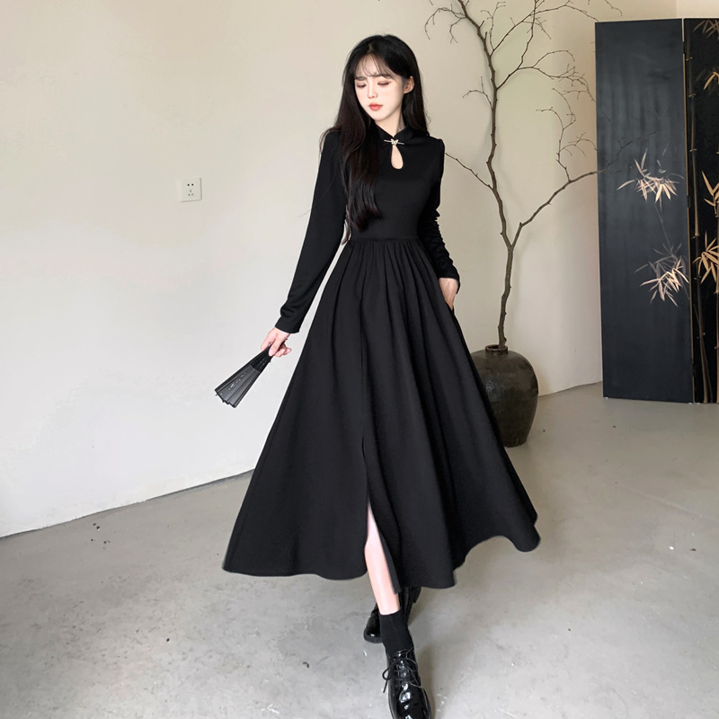 plus size Women's New Chinese-style Improved Cheongsam dress Black Large Swing Side Pocket Vented Long-sleeved Collar Small Black Dress