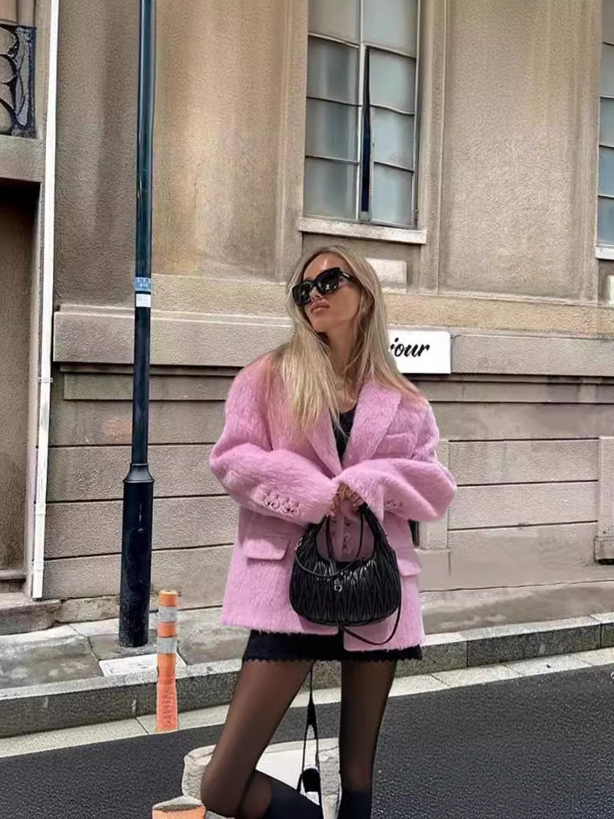 Picture of 2024 European and American cross-border AliExpress Spring and Autumn New elegant single-breasted lapel plush women's overcoat coat