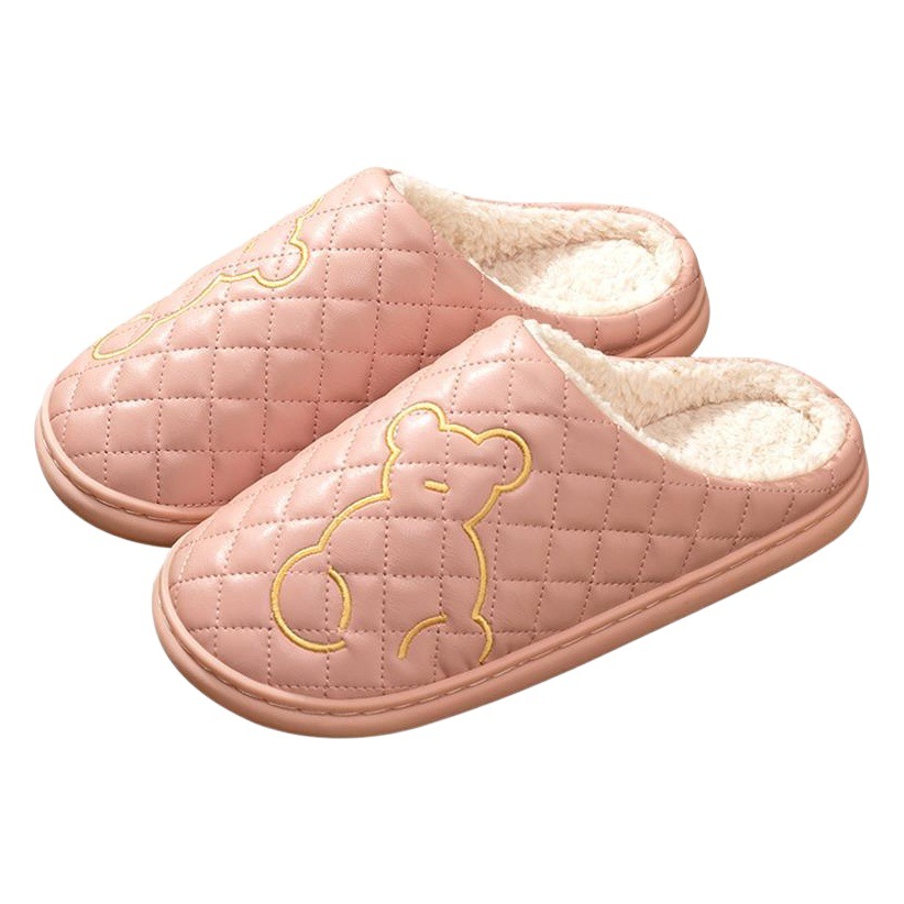 Waterproof cotton slippers women's winter 2025 new step excrement feeling home fleece-lined warm non-slip PU leather cotton slippers men's wholesale