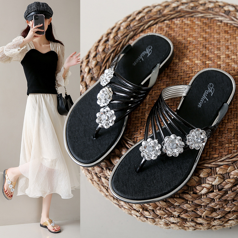 Foreign Trade Flip Flops Women's Slippers Summer Flat Bottom Three Flowers with Diamond silver Clamp Shoes Beach Sandals Women