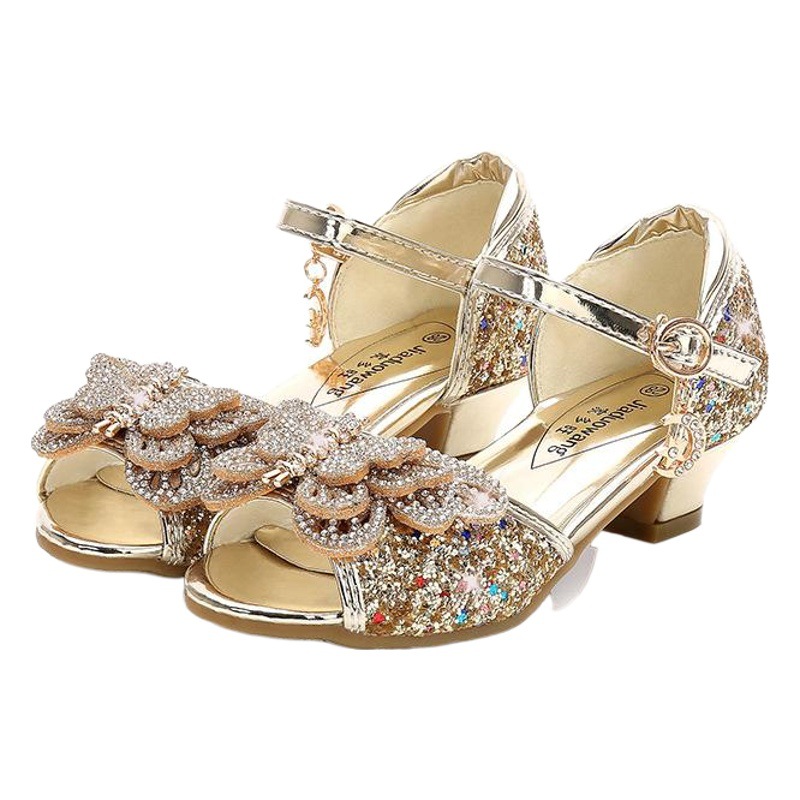 Girls Sandals High Heels 2024 New Korean Version Summer Children's Crystal Fish Mouth Soft Sole Open Toe Princess Sequin Children's Shoes
