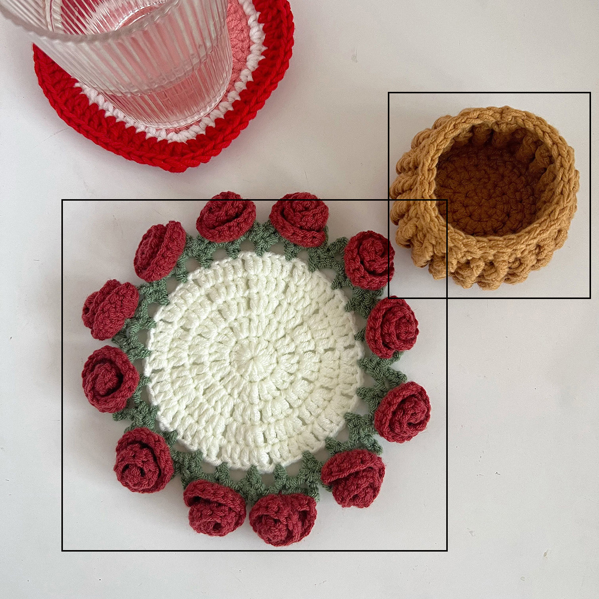 Picture of Beginner Handmade Weaving DIY Materials Kit, Yarn, Crochet, Lily of the Valley Gradient Coaster Gift for Girlfriend